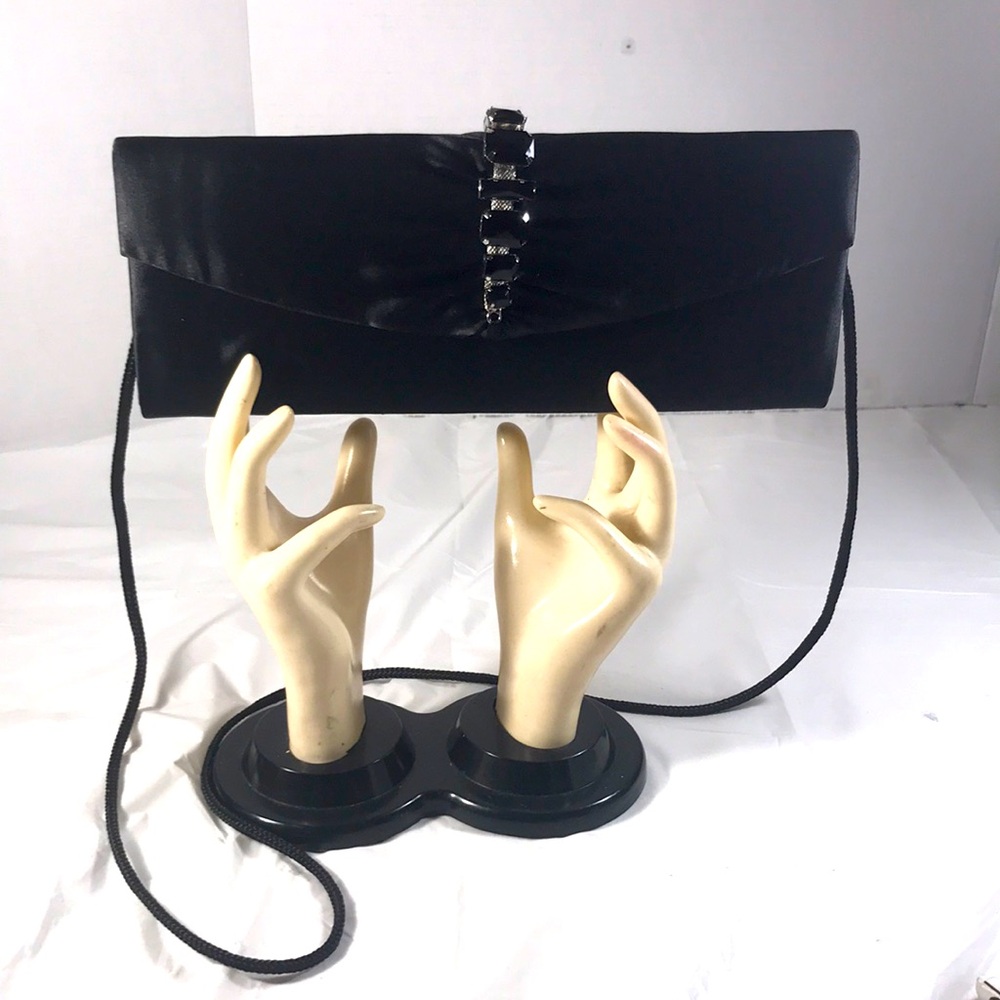 Woman’s Black Satin With Black Jewels Rectangular Envelope Clutch Shoulder Bag